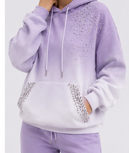 Sweat-shirt à capuche pour femme, couleur unie, manches longues, décoration perlée, tricoté, toile, vêtement d'hiver, logo frontal, imperméable - Product Image 2