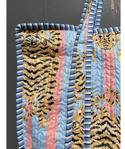 Quilted Cotton <b>Foldable</b> Storage Tote <b>Bag</b> Tiger Stripe Print Shoulder Handbag Open Top Large Capacity for Shopping Travel - Product Image 2