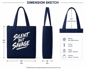 Sac fourre-tout en toile bleu marine Silent But Savage avec fermeture à glissière et longue poignée, sac de courses réutilisable - Product Image 2