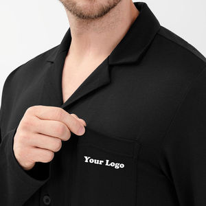 Men's <b>Black</b> Long Sleeve Stretchy Front Logo <b>Pajama</b> <b>Set</b> Solid Color Knitted Cotton Sleepwear Casual All Seasons - Product Image 3