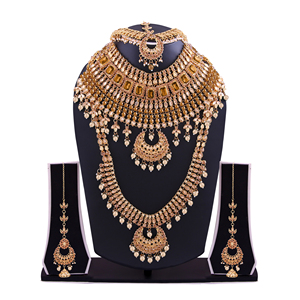 Conjunto de Collar y Pendientes de Novia Kundan con Cristales de Imitación y Baño de Oro de Aleación de Lujo, Estilo Tradicional Indio para Bodas - Product Image 2