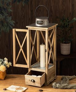 Rustic Wooden Candle <b>Lantern</b> <b>Set</b> Decorative Farmhouse <b>Lantern</b> with Glass Panels and Storage Drawer - Product Image 4