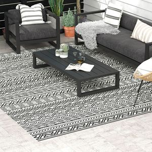 Portable 9x12 <b>Boho</b> Outdoor Rug Reversible Gray and Cream White with Carry <b>Bag</b> for RV Camping Patio Mat - Product Image 2