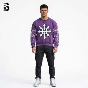 Sweat-shirt streetwear surdimensionné personnalisé pour homme, col rond vintage délavé à l'acide avec imprimé graphique sur la manche, pull en coton épais Y2K - Product Image 3
