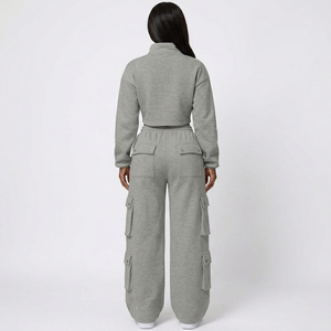 Trendy Heather Grey Cotton Fleece Two Piece Tracksuit Set Women Half <b>Zip</b> Cropped Pullover Multi Pocket Cargo Pant Casual Apparel - Product Image 2