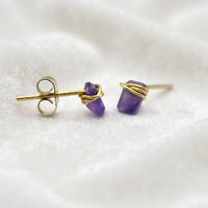 Ratnarachit Handmade Wire-Wrapped Amethyst <b>Stud</b> <b>Earrings</b> 14K Gold Plated Brass Baguette Cut Minimalist Gift - Product Image 1