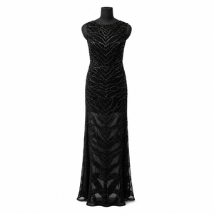 Women Black Beaded Sheer Mesh Maxi Dress Sleeveless Round Neck <b>Sequin</b> Evening Gown Elegant Formal Party Wedding Prom Occasion - Product Image 1