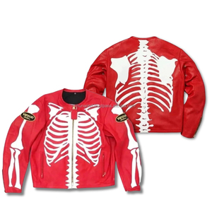 เสื้อแจ็คเก็ตหนังสีแดงลายโครงกระดูก สไตล์มอเตอร์ไซค์ บอมเบอร์ และเสื้อโค้ทสตรีทแวร์แบบกอธิค ลายกราฟิกโครงกระดูกสุดเท่  OEM/ODM สำหรับผู้ชาย - Product Image 1