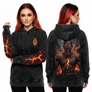 Sudadera con capucha roja de doble manga para mujer, con gráfico personalizado de terror de carnaval, estilo vintage desgastado, fabricante de sudaderas. - Product Image 3