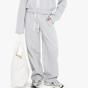 กางเกงจ็อกเกอร์ขายาวผ้าฝ้ายแท้ 100% สีเทาสำหรับผู้หญิง ทรงขาบานผูกเอว ผ้าเทอร์รี่ฟลีซเนื้อนุ่ม กางเกงวอร์มขายาวสำหรับผู้หญิง กางเกงและกางเกงขายาวผู้หญิง - Product Image 1