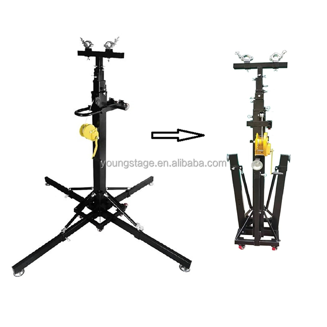 Professional Stage Tower Lifter With Crank System and Outriggers for Secure Rigging of DJ Equipment and Lighting Trusses