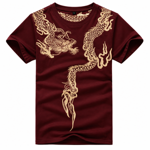 Black Short Sleeve Streetwear <b>T</b>-<b>Shirt</b> Golden <b>Dragon</b> Embroidery Chinese Crew Neck Regular Fit Unisex Breathable Cotton Knitted - Product Image 6
