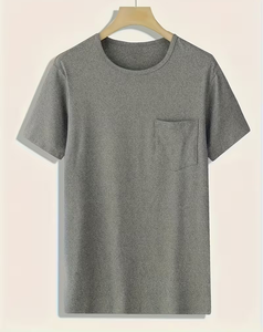 Men Solid Gray Crew Neck T-Shirt Set with Shorts Breathable Knitted Casual Summer Pajama Outfit Polyester/Cotton - Product Image 3