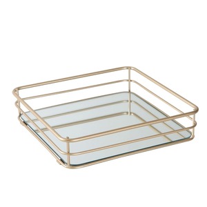 Bandeja de Almacenamiento Rectangular con Marco Metálico y Base de Vidrio Espejado, Diseño Minimalista para Uso en Mesa - Product Image 1