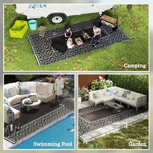 Tappeto da Esterno Reversibile Nero e Grigio con Bordo a Zucca 9FT X 18FT in Paglia Plastica Impermeabile con Borsa per il Trasporto - Product Image 5