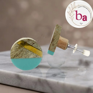 <b>Beads</b> <b>Art</b> Modern Round Resin Wood Metal Cabinet Knobs with Turquoise Base Easy Installation for Kitchen Bedroom & More - Product Image 1