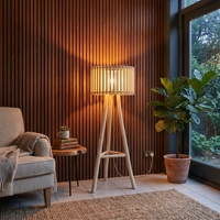 Lámpara de Pie LED Moderna de Madera de Teca, Trípode con Rama Natural, Pantalla de Luz, Mueble de Iluminación de Lujo Balinés Hecho a Mano de Primera Calidad
