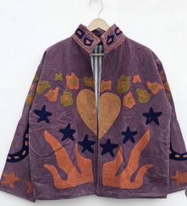 <b>Purple</b> <b>Velvet</b> Embroidered Jacket Mandarin Collar Full Sleeve Autumn Floral Pattern Hand Embroidery Women's Outerwear Wholesale - Product Image 2
