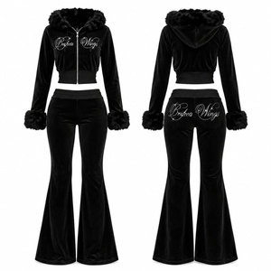 Perfecta Wings Black Velvet 2 Piece Set Crop <b>Hoodie</b> With Fur Trim Flared Pants Embroidery Logo Women's Fashion Outfit - Product Image 1