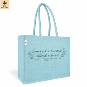 Sac fourre-tout en jute laminé bleu 39x31x19cm, poignées en coton personnalisées, vente en gros, OEM, marque privée SNC25DP, vente en vrac - Product Image 1