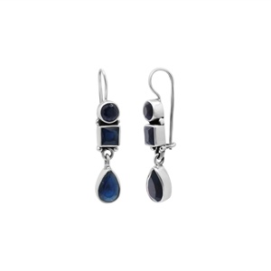 925 Sterling Silver <b>Blue</b> <b>Sapphire</b> Geometric Three Stone Bezel Drop <b>Earrings</b> Memoria Jewels - Product Image 2