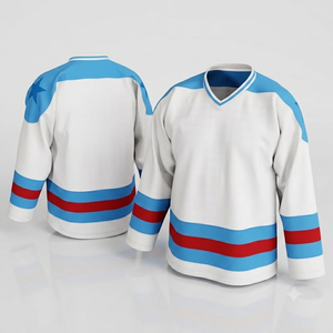 Custom Sublimated White Ice Hockey Jersey With Red And sky blue Striping <b>athletic</b> Breathable Mesh Fabric Team Wear training top - Product Image 1