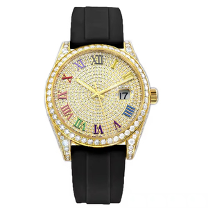 Montre de luxe pour hommes en or avec cadran en diamant et bracelet en silicone noir, affichage analogique de la date, boîtier rond de 40 mm - Product Image 4