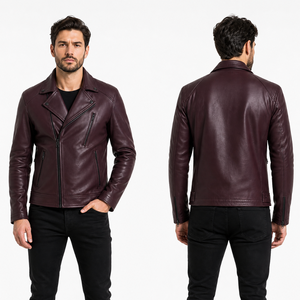 Premium Streetwear <b>Burgundy</b> Men's <b>Leather</b> <b>Jacket</b> Asymmetric Zip High Quality classic <b>jacket</b> - Product Image 4