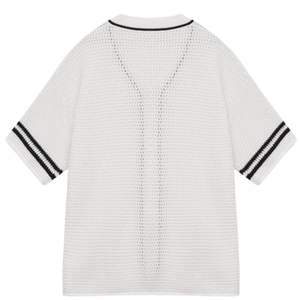 Chemise de baseball en tricot crocheté pour homme, manches courtes, boutonnée, avec bordure rayée, décontractée, pour l'été, vente en gros OEM - Product Image 2