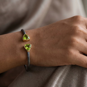 Peridot Gemstone Open <b>Cuff</b> Bangle in 925 Sterling <b>Silver</b> with Gold Accents - Product Image 1