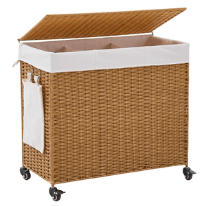 Cesto Portabiancheria in Rattan Intrecciato a 3 Sezioni da 165L con Coperchio e Ruote - Product Image 1