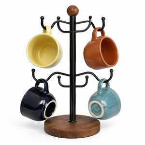 Support à tasses en métal fait main avec base en bois, double niveau, pour rangement sur comptoir de cuisine - Product Image 1