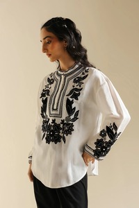 Kurta en coton brodé blanc pour femmes, vêtement traditionnel ample, style ethnique Inde Pakistan, toutes saisons, décontracté - Product Image 4