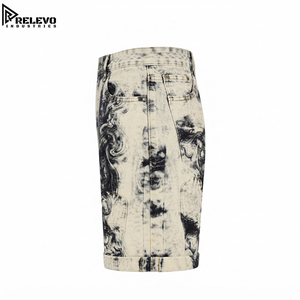 Grunge Black and <b>White</b> Marble Acid Wash Denim Jorts, Swirl Print Cuffed Skate <b>Shorts</b> with Vintage Heavy Bleach Wash - Product Image 3