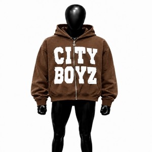 Sudadera con capucha marrón con cremallera completa para hombre, estilo urbano vintage, con apliques gráficos y letras, de moda urbana oversize - Product Image 1