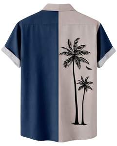 Camisa de Manga Corta con Estampado de Palmeras en Azul Marino y Beige, Estilo Casual para Playa, Verano, para Hombre, Fabricante OEM, Personalizable, al por Mayor - Product Image 2