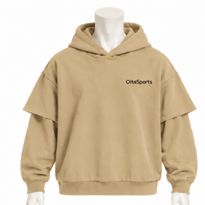 Sweat à capuche kaki double couche surdimensionné à manches superposées, pull à épaules tombantes, style streetwear vintage décontracté, épais et personnalisé - Product Image 1