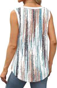 Women's Summer Tank Tops Loose Sleeve V-neck Curved Hem Knitted Fabric Ribbed <b>Trim</b> <b>Beading</b> Decoration Lightweight Cotton Lace - Product Image 3