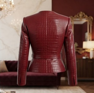 Red Crocodile Embossed Faux <b>Leather</b> <b>Blazer</b> Women's V-Neck Full Sleeve Autumn <b>Jacket</b> Regular Length Single Button - Product Image 5