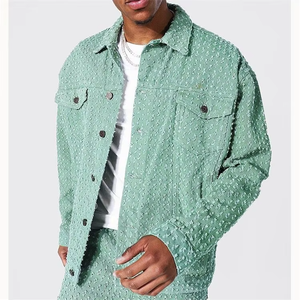 Chaqueta de Mezclilla Jacquard con Estampado Láser Desgastado de Gran Tamaño para Hombre, con Logotipo Personalizado de Alta Calidad, para Otoño - Product Image 1