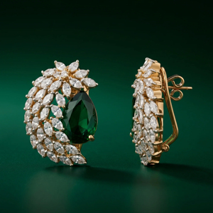Pendientes de Aro de Oro Sólido de 18K de Lujo con Piedra Verde Corte Esmeralda y Diseño de Flor con Diamantes Marquise para Mujer, Joyería de Fiesta - Product Image 2