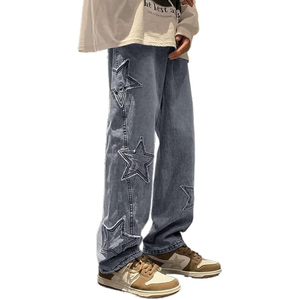 Jean ample droit en denim bleu ciel délavé, avec patchs étoiles, respirant et léger, taille mi-haute, style décontracté vintage pour le printemps - Product Image 4