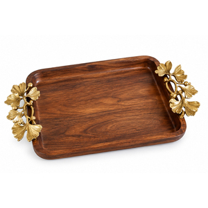 Plateau décoratif en bois artisanal avec poignées en laiton en forme de feuille de Ginkgo dorée, plateau de service en bois de manguier pour la décoration de la maison, vente en gros - Product Image 1