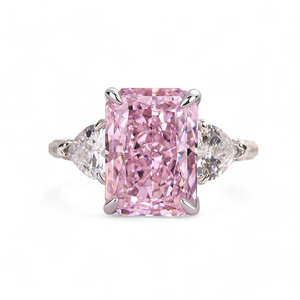 Radiant Cut <b>Pink</b> Lab Diamond Halo Ring White Gold Engagement Ring Pear Side Stone Pave Band Luxury Bridal Ring - Product Image 1