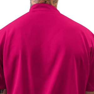 Pink Short Sleeve Barber Shirt with Chest Pocket and <b>Stand</b> Collar for Men - Product Image 3
