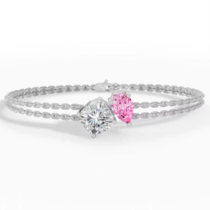 Chic Cushion and Pear Cut Pink Zirconia Diamond <b>Silver</b> <b>Bracelet</b> for Women Sparkling Two Stone Double Chain Jewelry Gift - Product Image 1