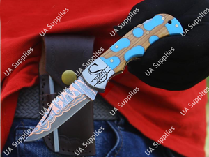 Cuchillo de Camping Plegable de Acero Damasco y Cobre, Venta al Por Mayor Directa de Fábrica, Funda Incluida, OEM/ODM Personalizable, MOQ Bajo, EDC - Product Image 4