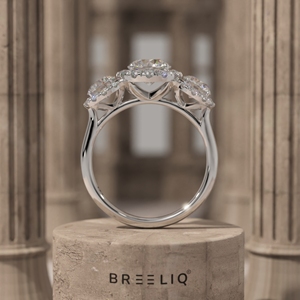 14K White Gold Three Stone Halo Diamond Ring 1.50CT Round Cut Engagement Ring Pave Set Luxury <b>Bridal</b> Jewelry - Product Image 6