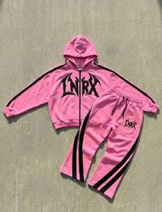 Conjunto de Sudadera con Capucha y Cremallera Completa de Estilo Urbano, Personalizado y de Talla Grande, con Diseño Gráfico Atrevido y Detalle de Panel Lateral en Contraste, Ajuste Relajado - Product Image 2