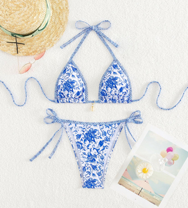 Conjunto de Bikini de 2 Piezas para Mujer, Top con Tirantes Anchos, Diseño Sexy, Estampado Floral, Cuello en V, Espalda con Lazos, Braguita de Talle Bajo - Product Image 4